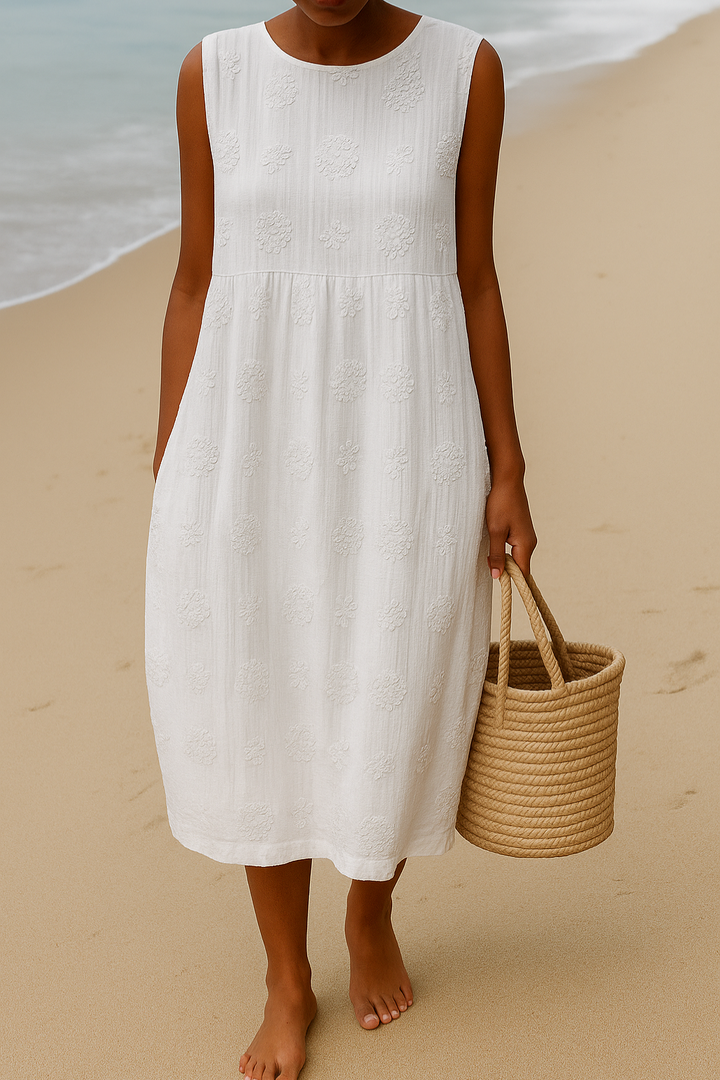 Floral A-Line dress featuring a sleeveless design, pockets, and mid-calf length, perfect for summer casual outings and wedding guest attire. 2
