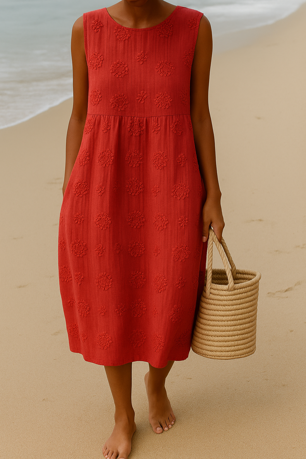 Floral A-Line dress featuring a sleeveless design, pockets, and mid-calf length, perfect for summer casual outings and wedding guest attire. 3