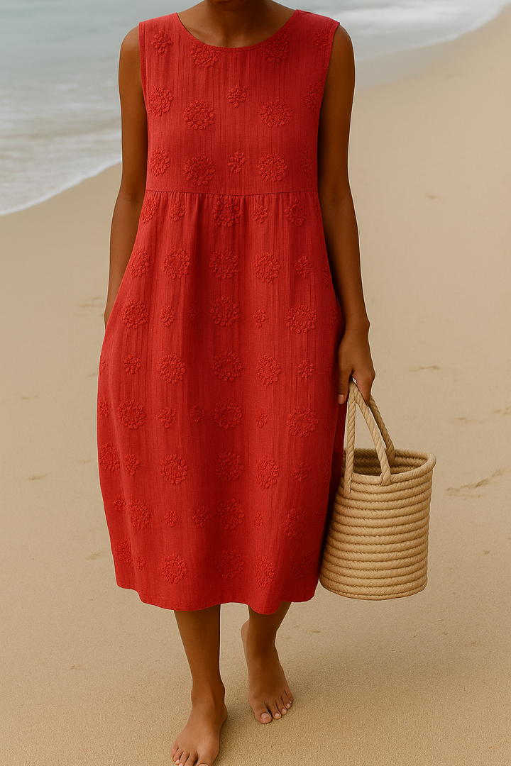 Floral A-Line dress featuring a sleeveless design, pockets, and mid-calf length, perfect for summer casual outings and wedding guest attire. 3