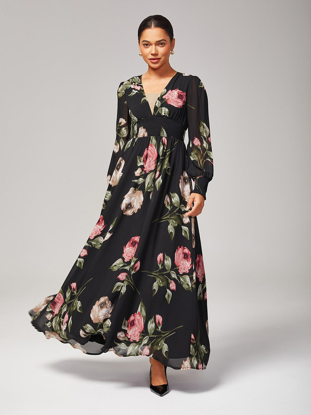 Floral chiffon maxi dress featuring a V-neckline and sheer sleeves, perfect for wedding guests and summer events. 0