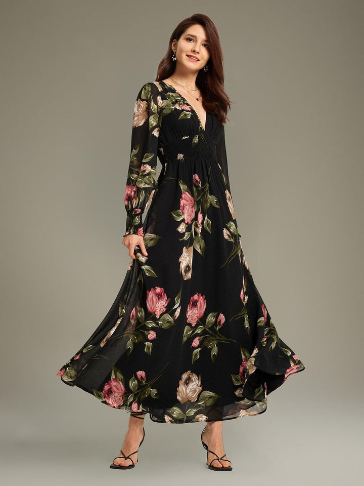 Floral chiffon maxi dress featuring a V-neckline and sheer sleeves, perfect for wedding guests and summer events. 1