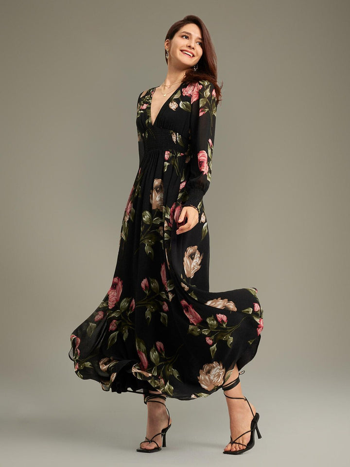 Floral chiffon maxi dress featuring a V-neckline and sheer sleeves, perfect for wedding guests and summer events. 2