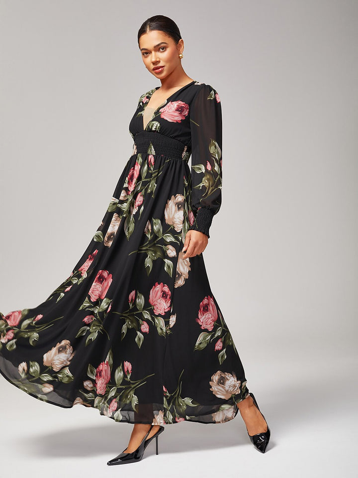 Floral chiffon maxi dress featuring a V-neckline and sheer sleeves, perfect for wedding guests and summer events. 3