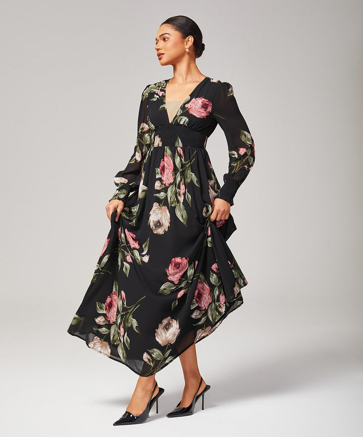 Floral chiffon maxi dress featuring a V-neckline and sheer sleeves, perfect for wedding guests and summer events. 5