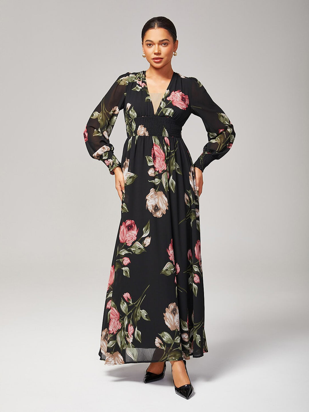 Floral chiffon maxi dress featuring a V-neckline and sheer sleeves, perfect for wedding guests and summer events. 6