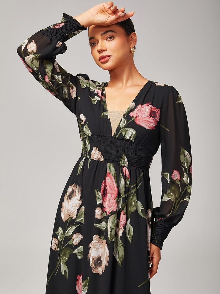Floral chiffon maxi dress featuring a V-neckline and sheer sleeves, perfect for wedding guests and summer events. 7