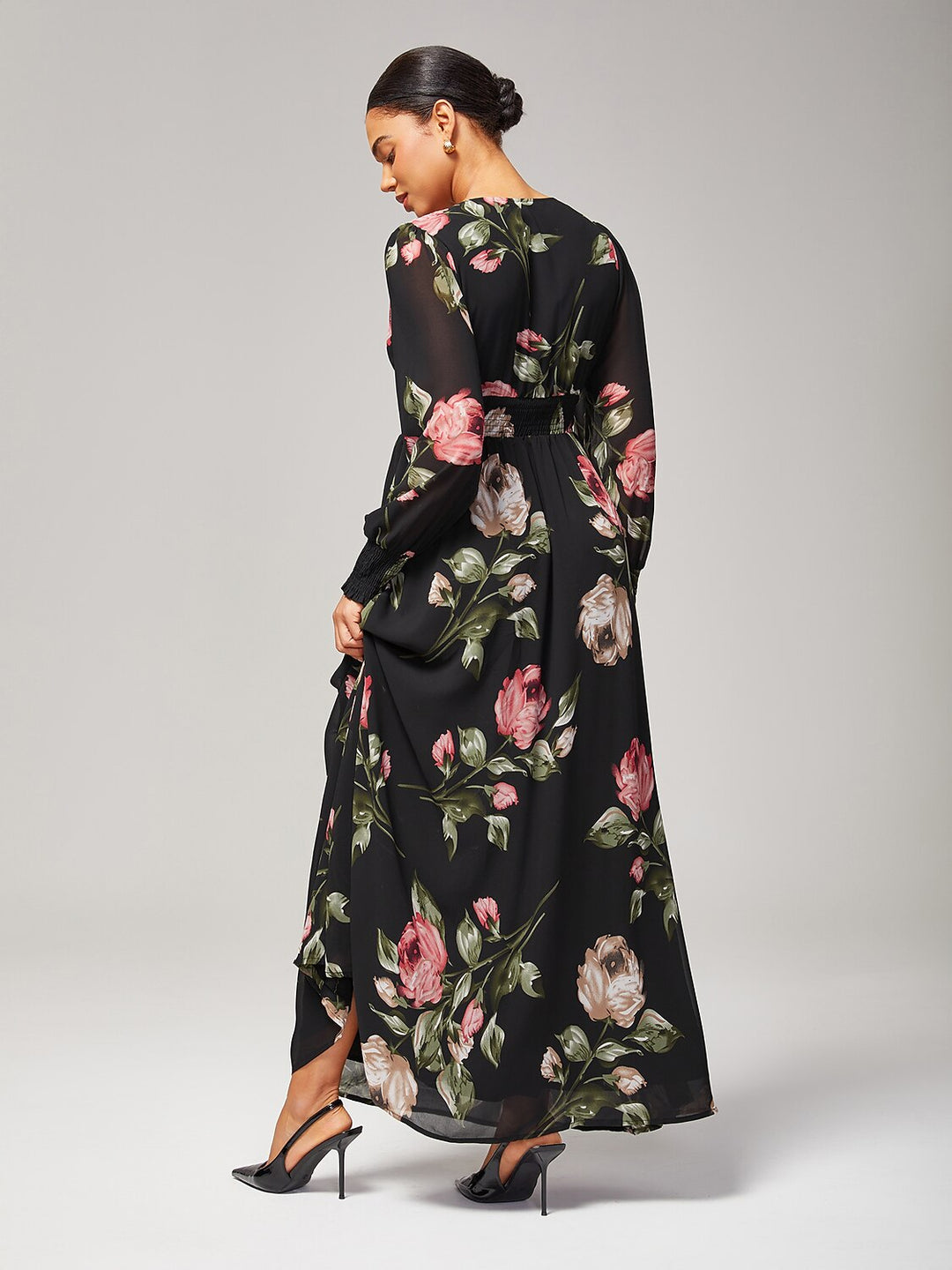 Floral chiffon maxi dress featuring a V-neckline and sheer sleeves, perfect for wedding guests and summer events. 8