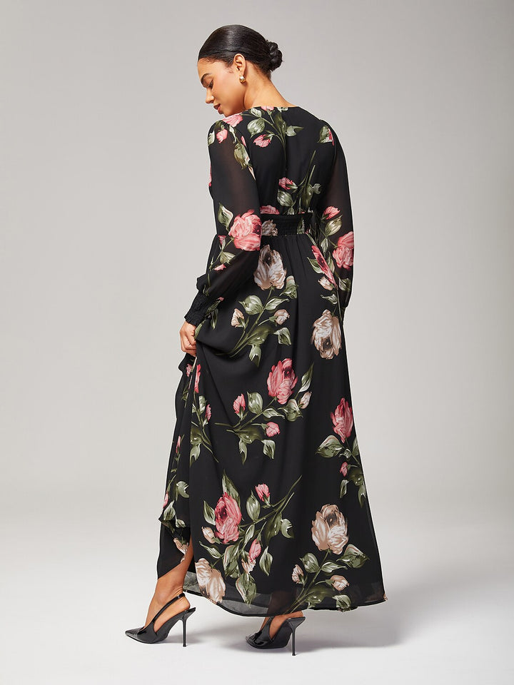 Floral chiffon maxi dress featuring a V-neckline and sheer sleeves, perfect for wedding guests and summer events. 8