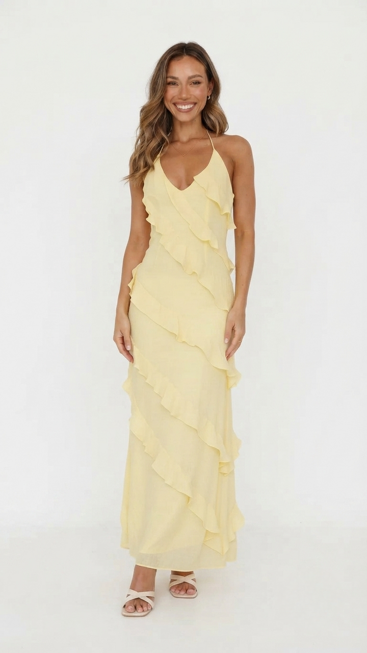 Floral maxi dress with cascading ruffles and halter neckline in lightweight soft lemon color for women. 0