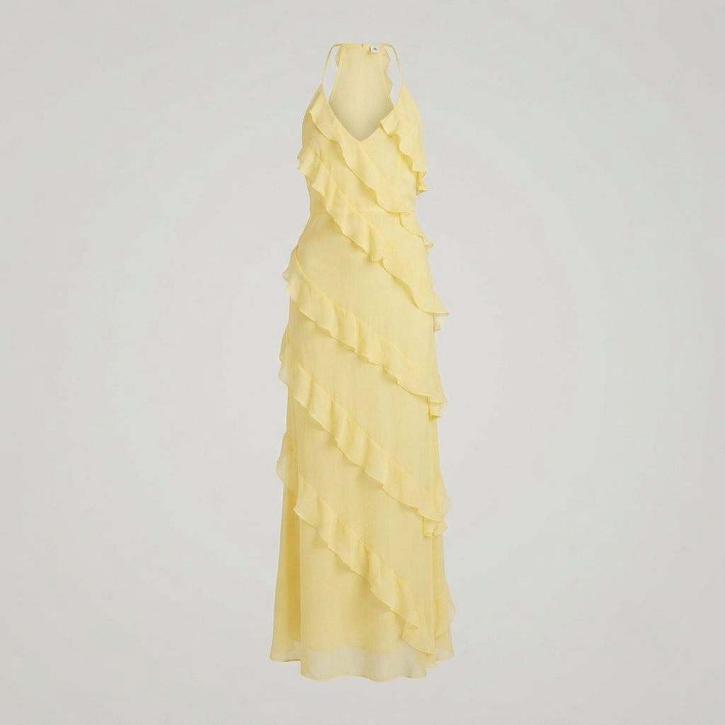 Floral maxi dress with cascading ruffles and halter neckline in lightweight soft lemon color for women. 1