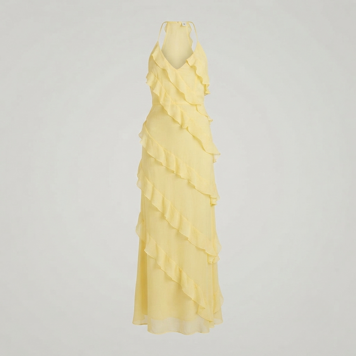 Floral maxi dress with cascading ruffles and halter neckline in lightweight soft lemon color for women. 1