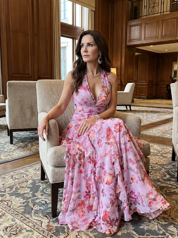 Floral Maxi Dress with Halter Neck and Ruched Bodice – Lightweight Summer Dress for Wedding Guests 2