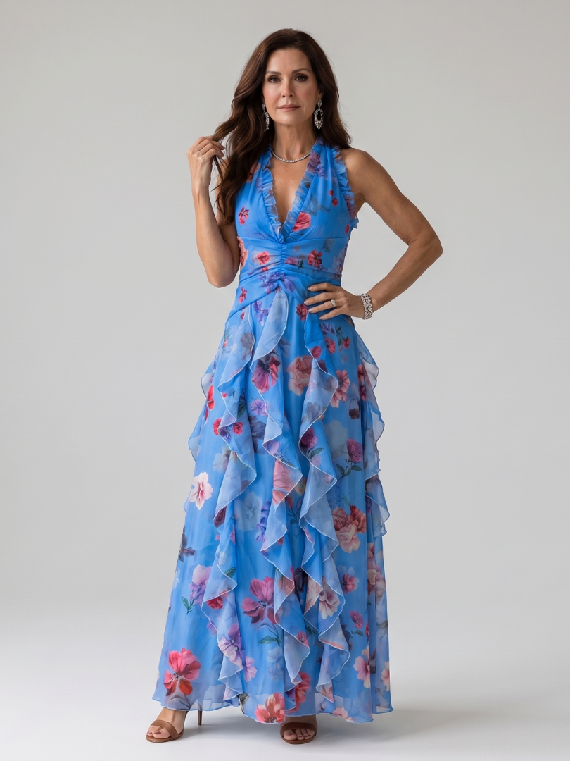 Floral Maxi Dress with Halter Neck and Ruched Bodice – Lightweight Summer Dress for Wedding Guests 3