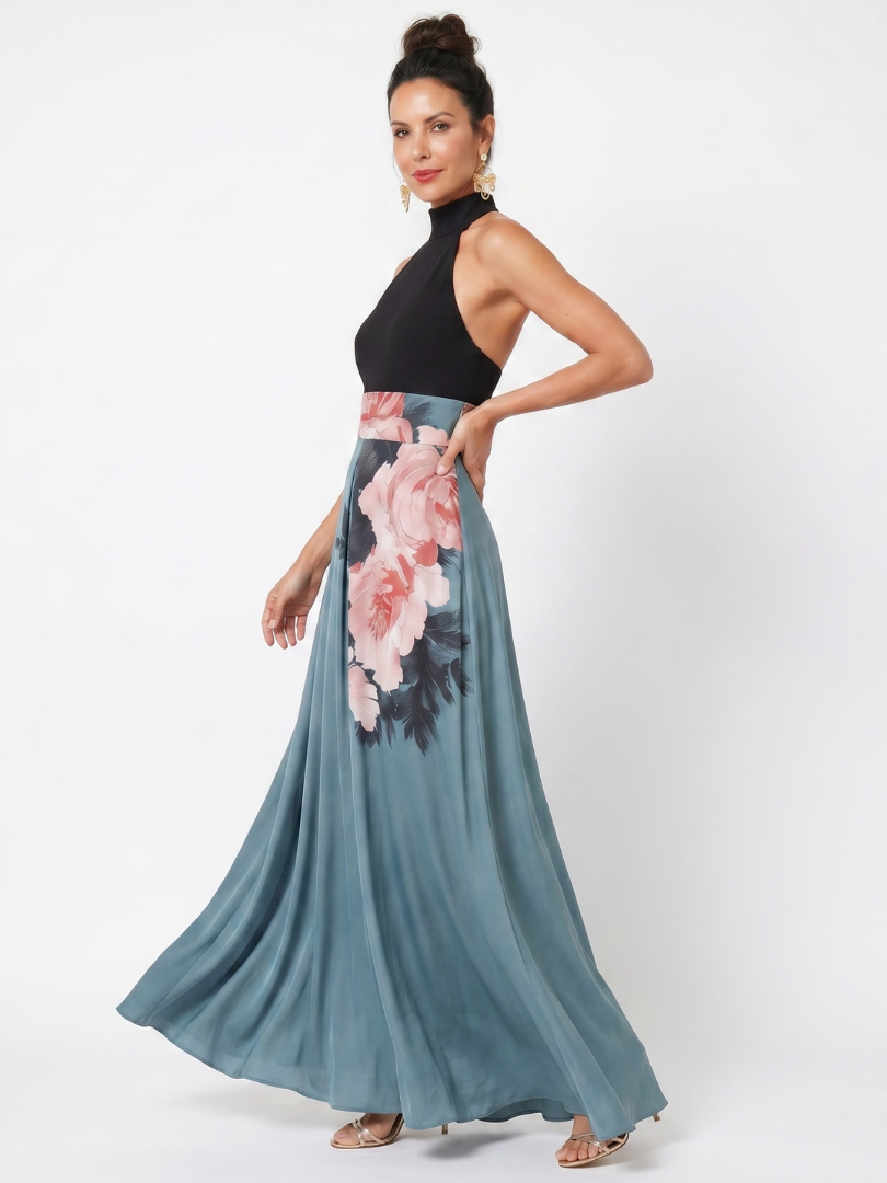 Floral Maxi Dress with Halter Neckline and Front Slit – Elegant Evening Wear in Smooth Fluid Fabric 1