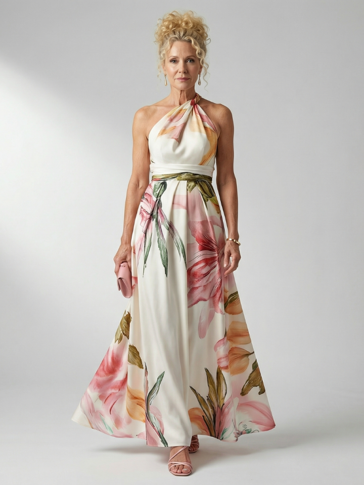 Floral Maxi Dress with Sleeveless Halter Neckline – Lightweight Summer Dress for Wedding Guests 0