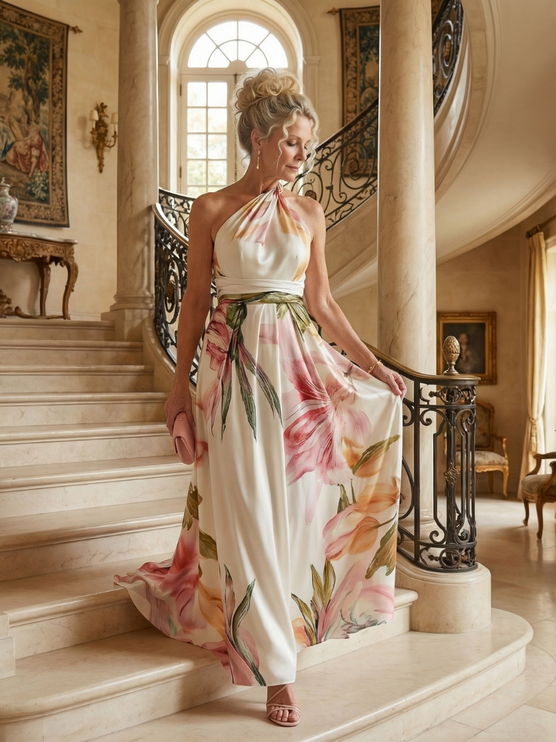 Floral Maxi Dress with Sleeveless Halter Neckline – Lightweight Summer Dress for Wedding Guests 2