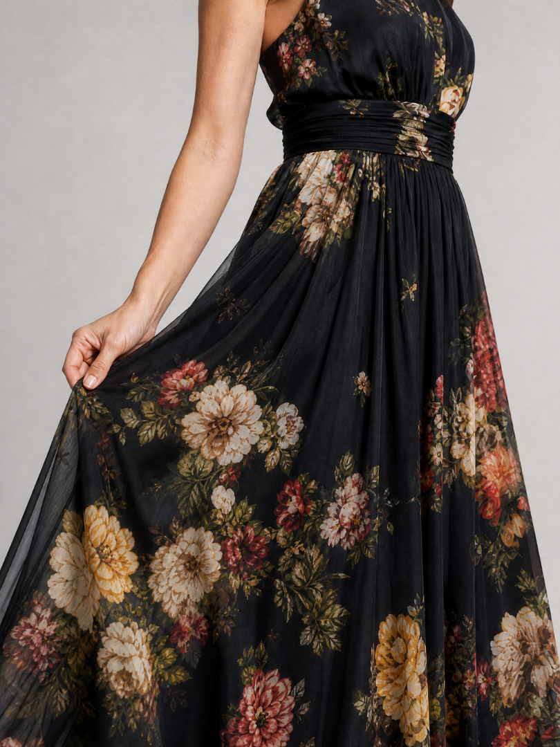 Floral Midi Dress with Defined Waist and Halter Neck – Lightweight Flowing Summer Wedding Guest Dress 1
