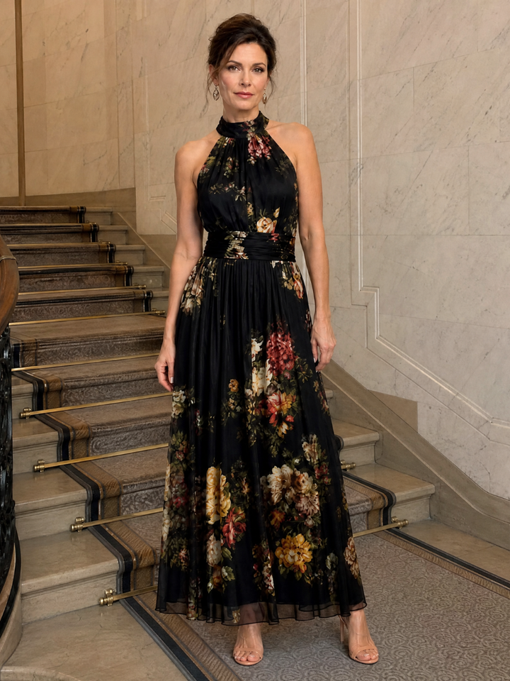 Floral Midi Dress with Defined Waist and Halter Neck – Lightweight Flowing Summer Wedding Guest Dress 4