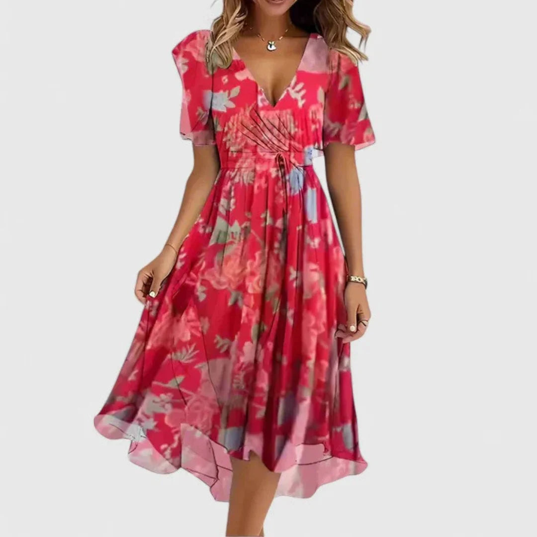 Floral midi dress featuring a V-neckline, elegant flowing fit, perfect for wedding guests or formal occasions. 0
