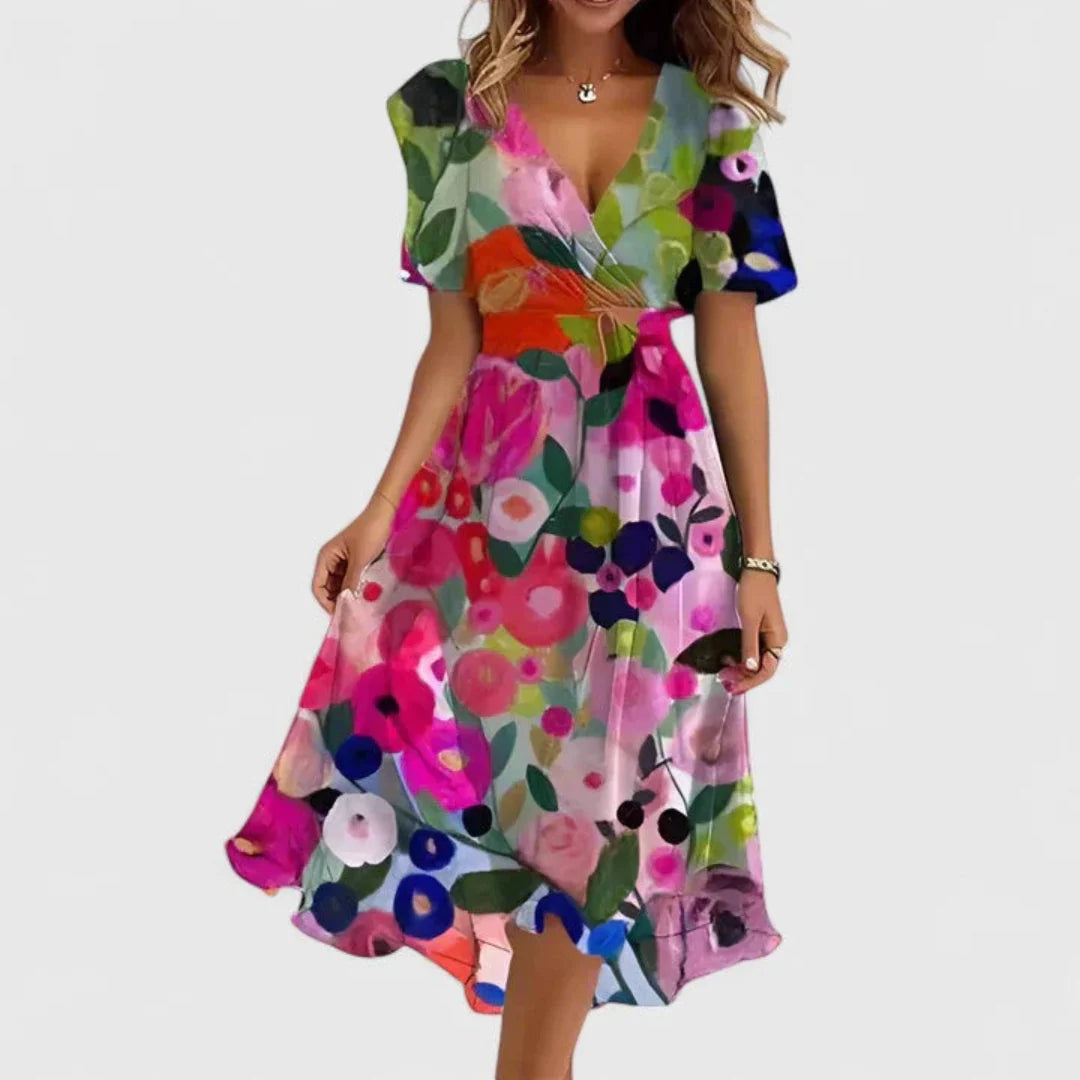 Floral midi dress featuring a V-neckline, elegant flowing fit, perfect for wedding guests or formal occasions. 6