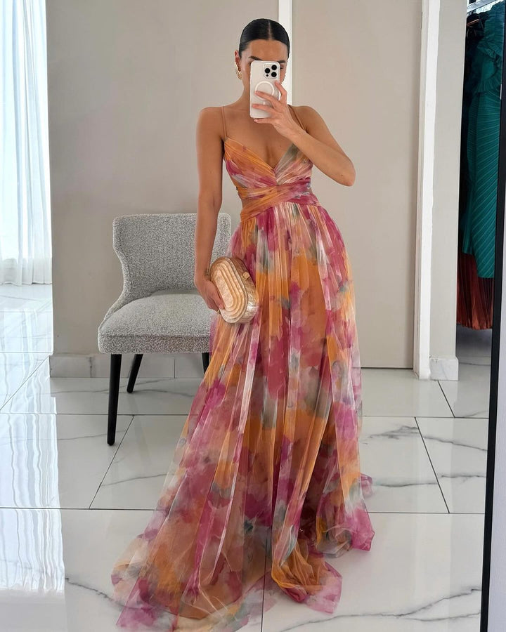 Floral print maxi dress for women, featuring a lightweight design, flowing silhouette, and vibrant summer colors, perfect for warm weather outings. 0