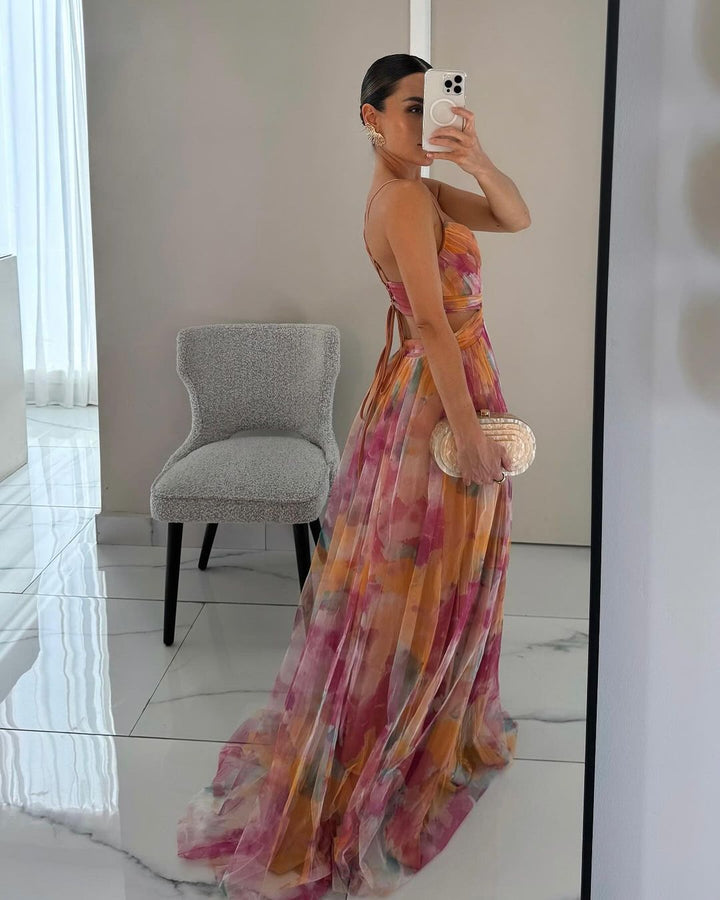 Floral print maxi dress for women, featuring a lightweight design, flowing silhouette, and vibrant summer colors, perfect for warm weather outings. 3