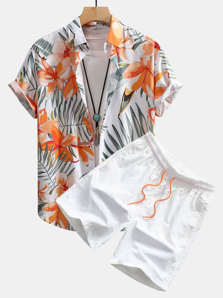 Floral print shirt and swim shorts set in a comfortable regular fit, made from 100% polyester and nylon for a stylish summer look. 0