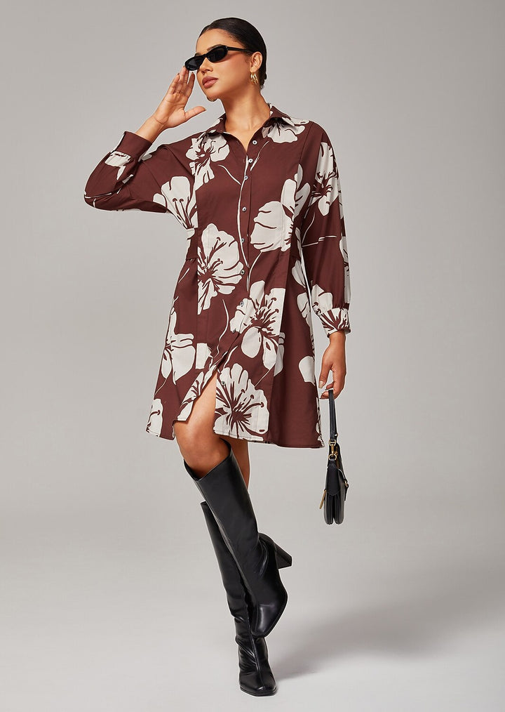 Floral shirt dress featuring a button-down front and raglan sleeves, designed in a brown rayon fabric, perfect for summer wear for women. 0