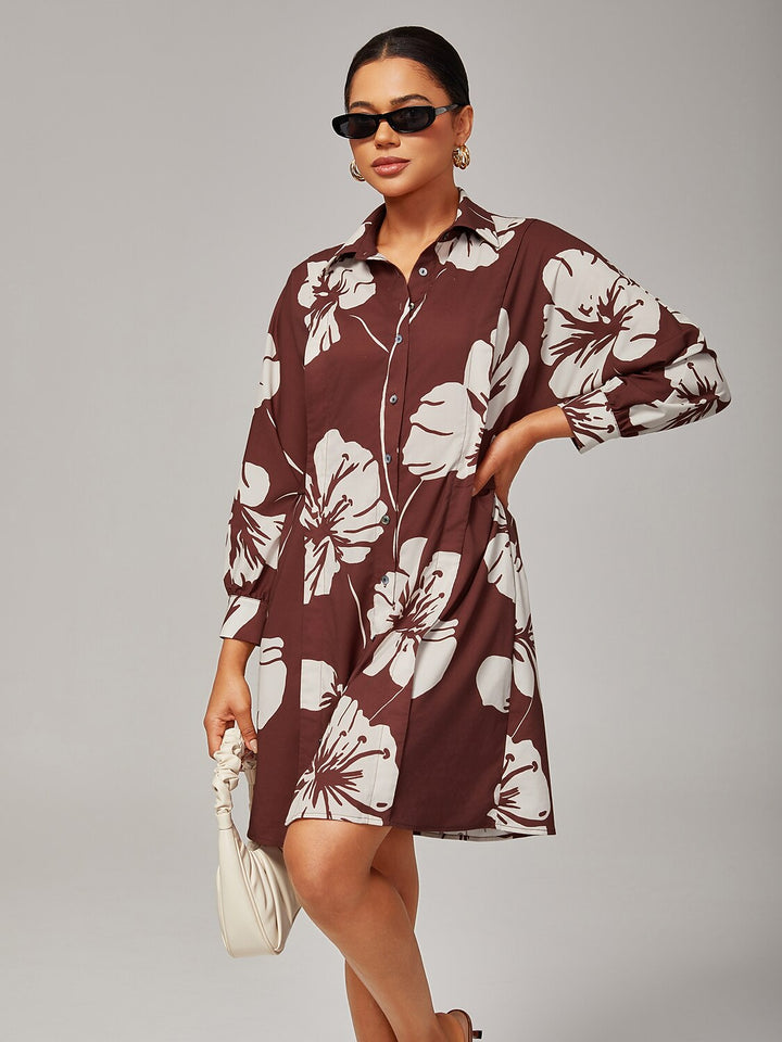 Floral shirt dress featuring a button-down front and raglan sleeves, designed in a brown rayon fabric, perfect for summer wear for women. 3