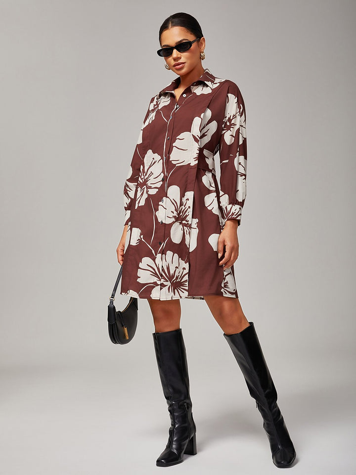 Floral shirt dress featuring a button-down front and raglan sleeves, designed in a brown rayon fabric, perfect for summer wear for women. 4