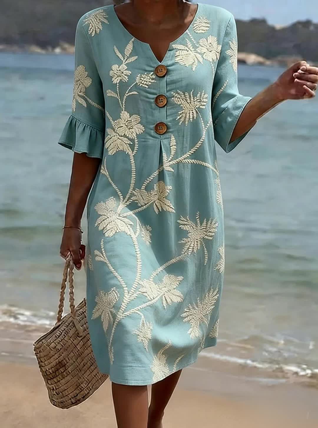 Floral Sundress for Women with Flared Sleeves and Front Buttons – Lightweight Casual Summer Dress 0