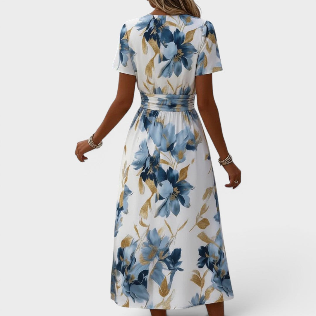 Floral Wrap Midi Dress with Ruched Waist and Gold Accents – Elegant Summer Wedding Guest Dress 3
