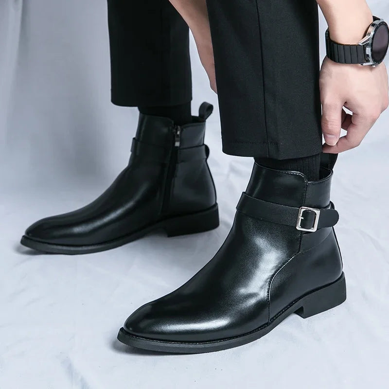 Genuine leather Chelsea boots featuring elastic side panels, durable rubber outsoles, available in black or brown options. 0