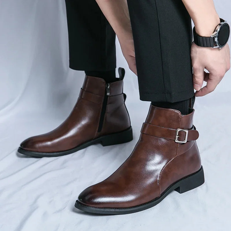 Genuine leather Chelsea boots featuring elastic side panels, durable rubber outsoles, available in black or brown options. 1