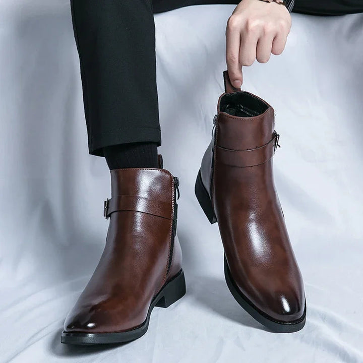 Genuine leather Chelsea boots featuring elastic side panels, durable rubber outsoles, available in black or brown options. 2