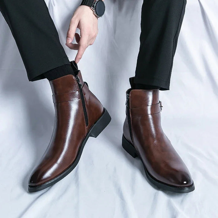 Genuine leather Chelsea boots featuring elastic side panels, durable rubber outsoles, available in black or brown options. 5