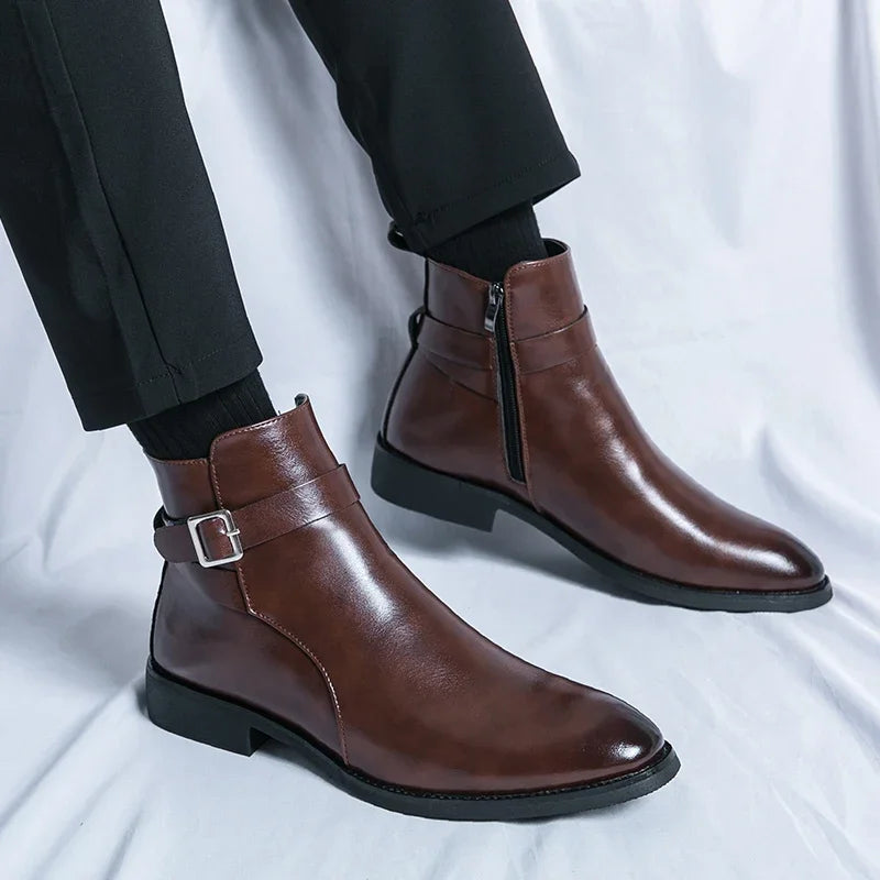 Genuine leather Chelsea boots featuring elastic side panels, durable rubber outsoles, available in black or brown options. 9