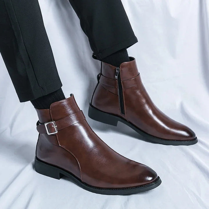 Genuine leather Chelsea boots featuring elastic side panels, durable rubber outsoles, available in black or brown options. 9