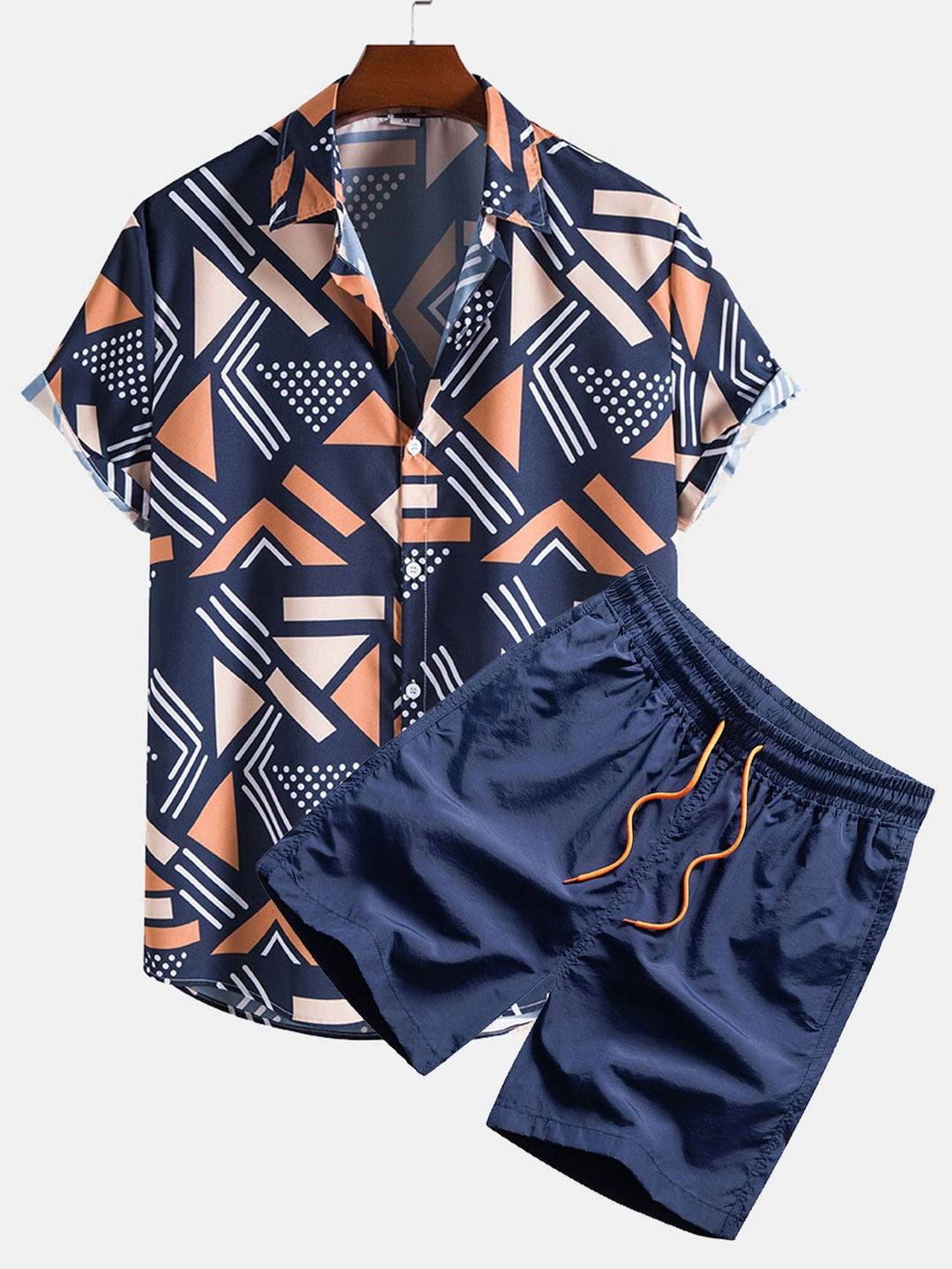 Geometric print shirt and swim shorts set featuring a unique pattern design, made from 100% polyester for comfort and style. 0