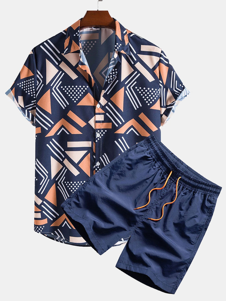 Geometric print shirt and swim shorts set featuring a unique pattern design, made from 100% polyester for comfort and style. 0