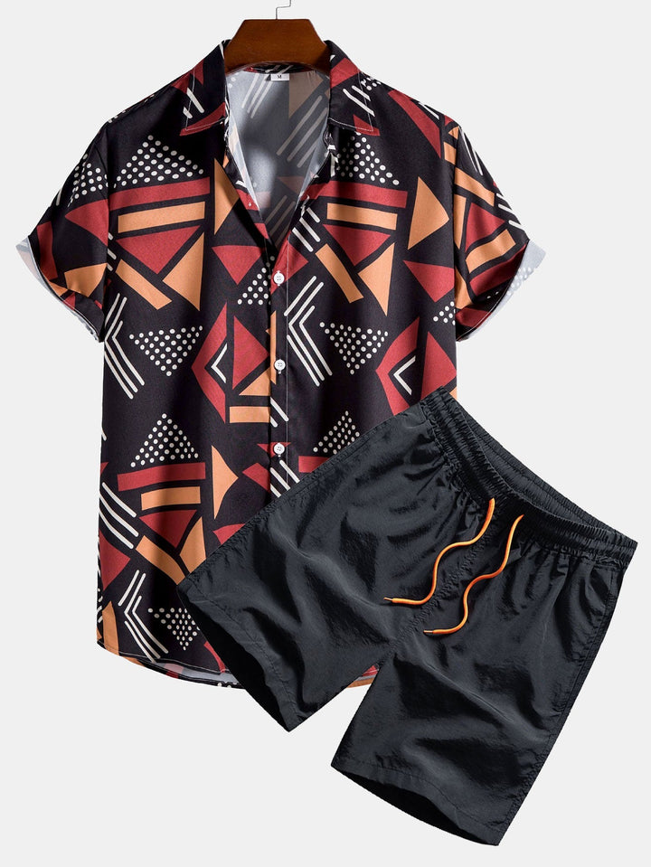 Geometric print shirt and swim shorts set featuring a unique pattern design, made from 100% polyester for comfort and style. 1