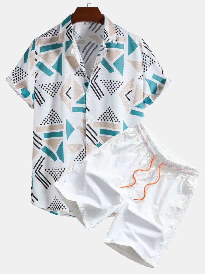 Geometric print shirt and swim shorts set featuring a unique pattern design, made from 100% polyester for comfort and style. 2