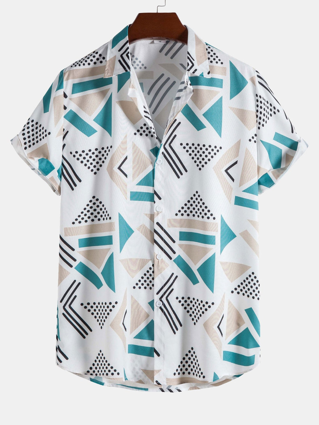 Geometric print shirt and swim shorts set featuring a unique pattern design, made from 100% polyester for comfort and style. 7