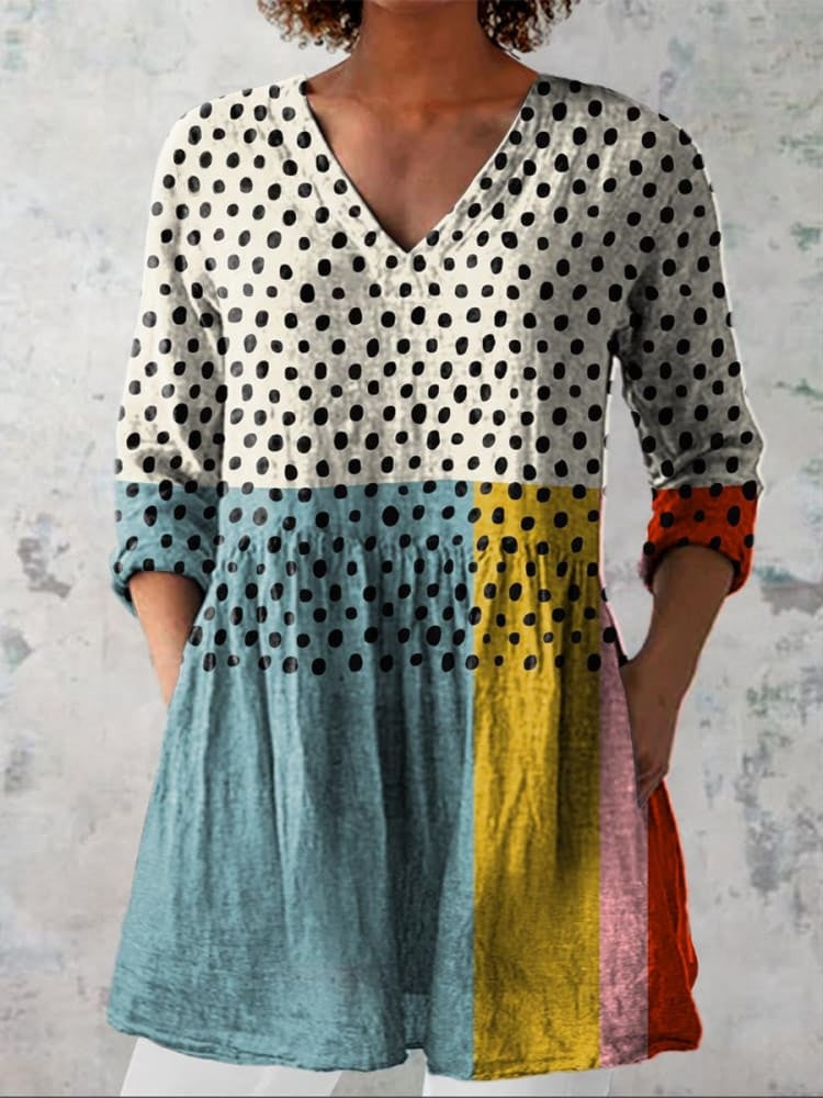Geometric V-Neck Shirt with Soft Drape – Modern Graphic Design for Womens Casual and Office Wear 0