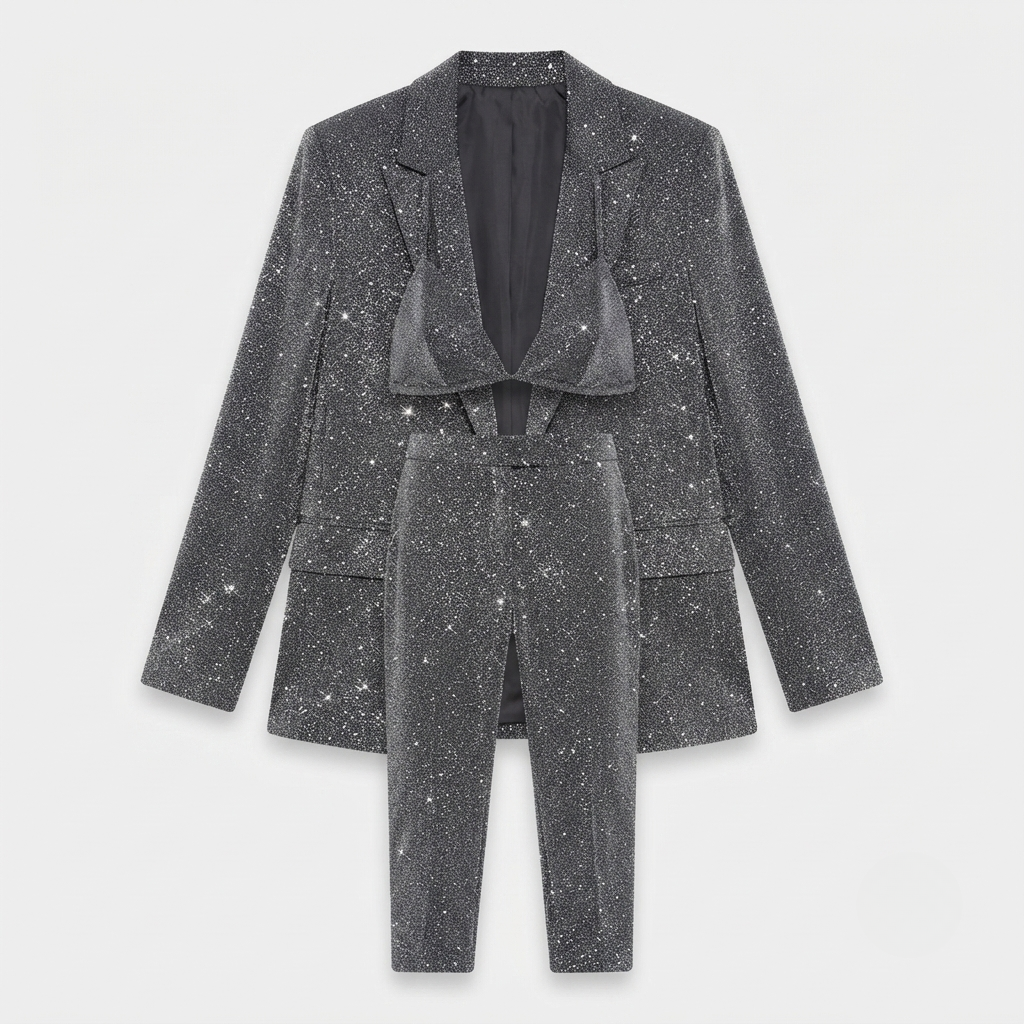 Glittery three-piece women's outfit set featuring a halter neck top and high-waist flared trousers made from a comfortable stretch polyester blend. 2