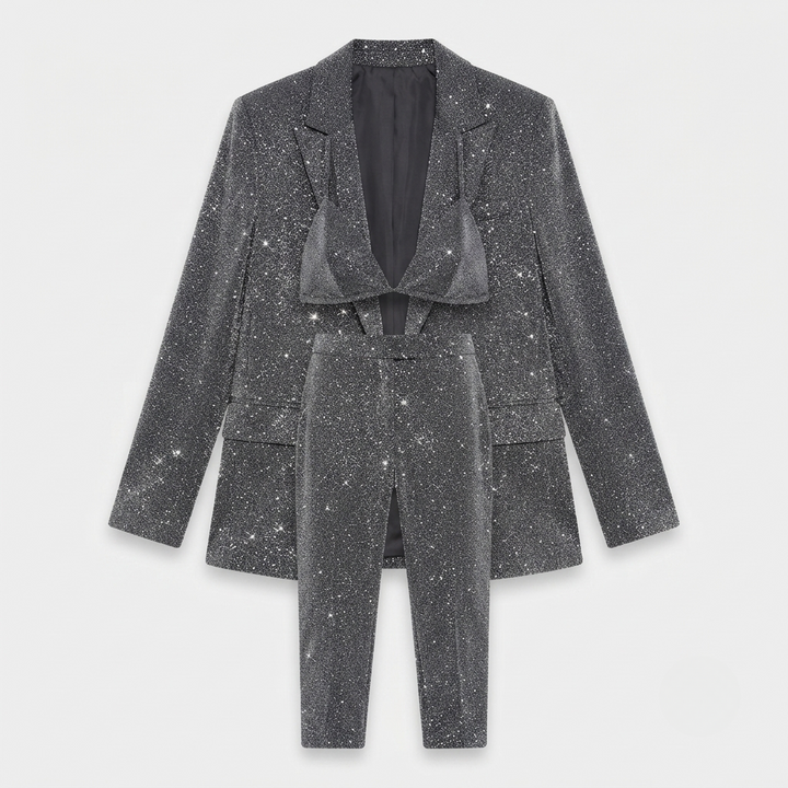 Glittery three-piece women's outfit set featuring a halter neck top and high-waist flared trousers made from a comfortable stretch polyester blend. 2