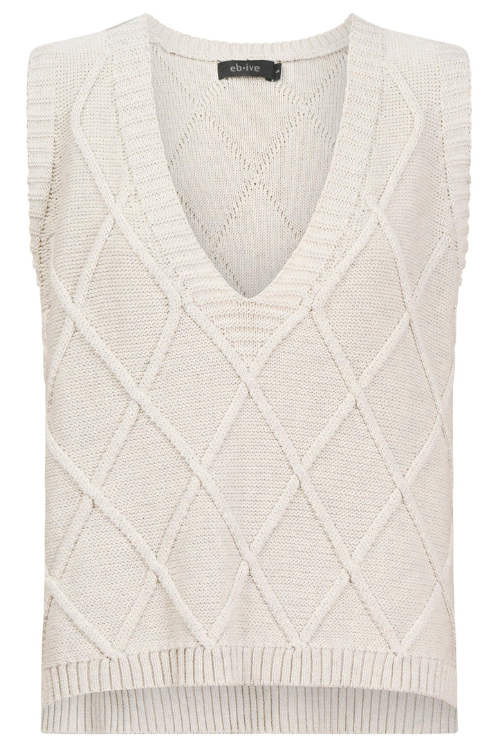 Ladies knitted vest in bisque featuring a stylish V-neck design and a trendy checkerboard pattern, made from breathable cotton for comfort and style. 7