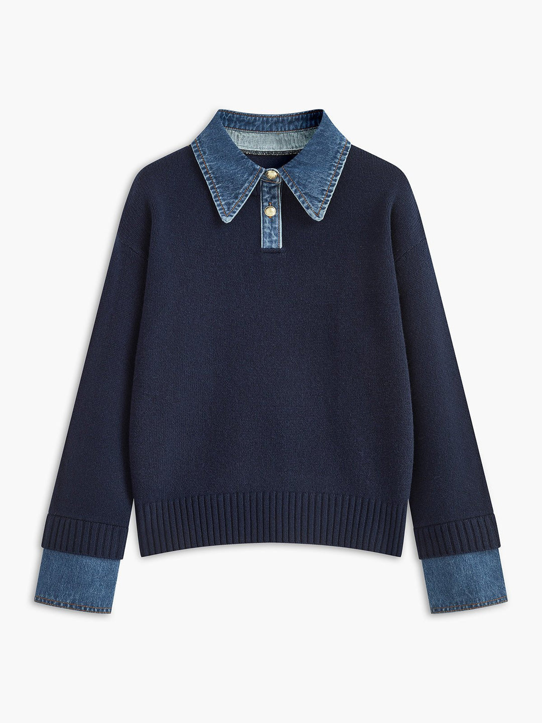 Layered Knit Polo Sweater with Denim Collar and Gold-Tone Buttons – Navy 0