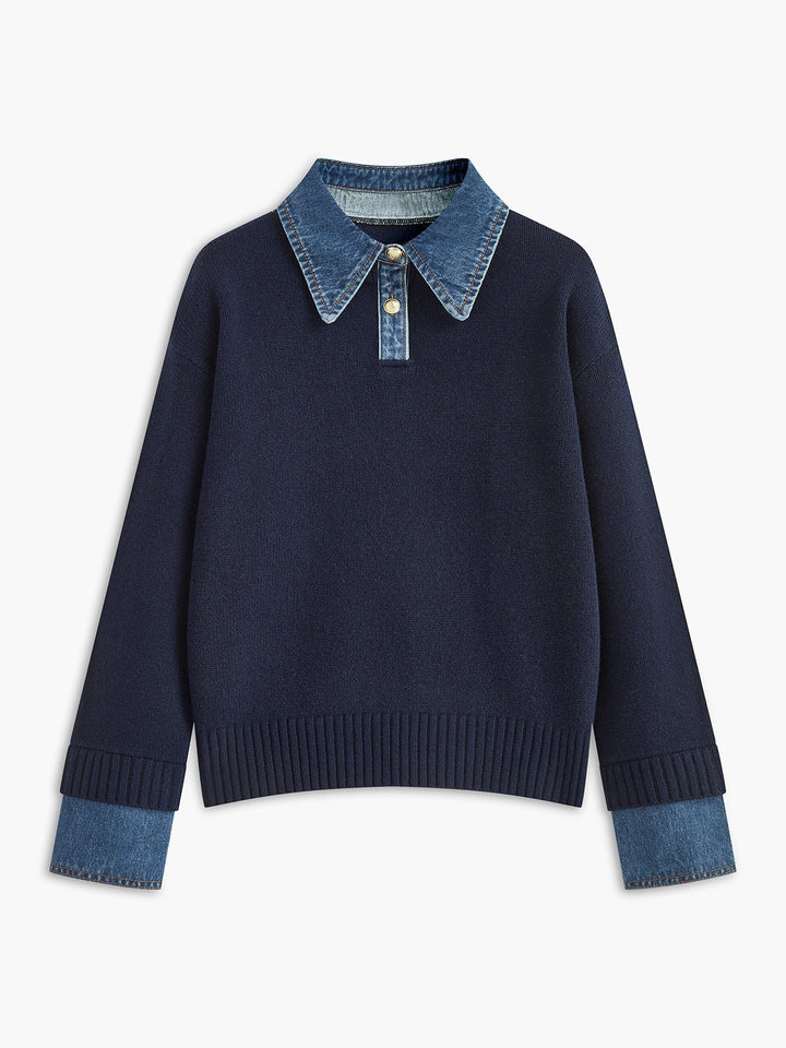 Layered Knit Polo Sweater with Denim Collar and Gold-Tone Buttons – Navy 0