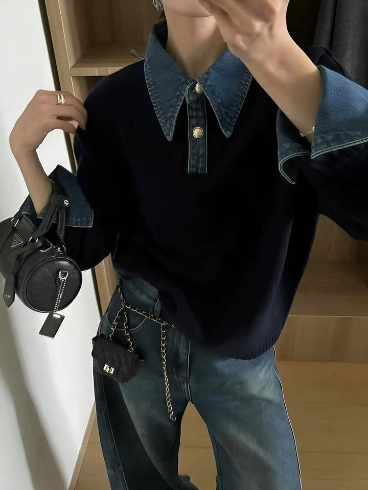Layered Knit Polo Sweater with Denim Collar and Gold-Tone Buttons – Navy 1